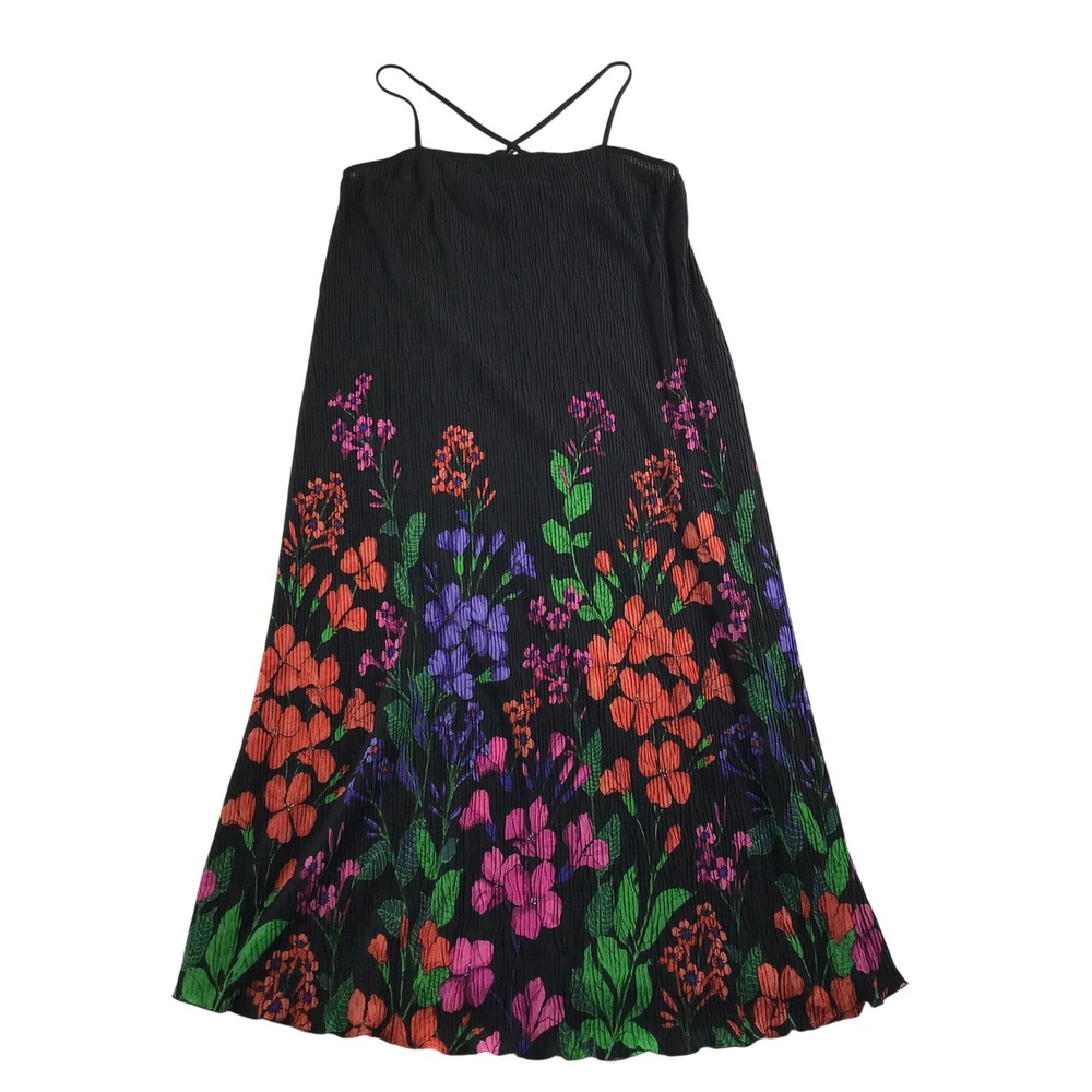 Anthropologie Black Floral Pleated Crinkle Maxi Dress Large Adjustable Straps - Picture 1 of 6